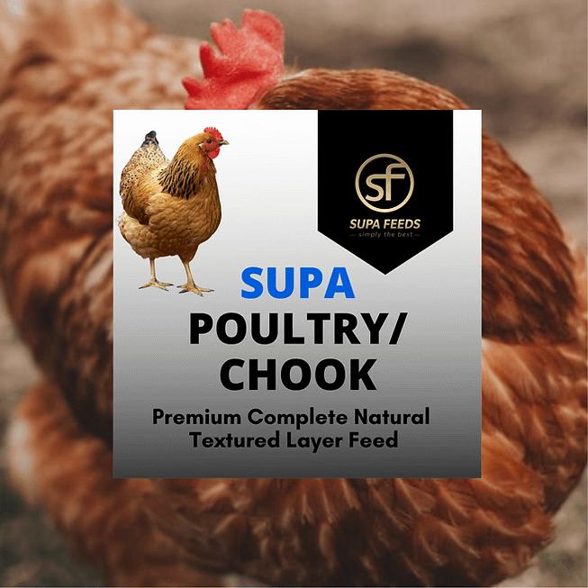 Supa Poultry/Chook premium complete natural layer feed with hen image, promotes healthy egg production and quality.