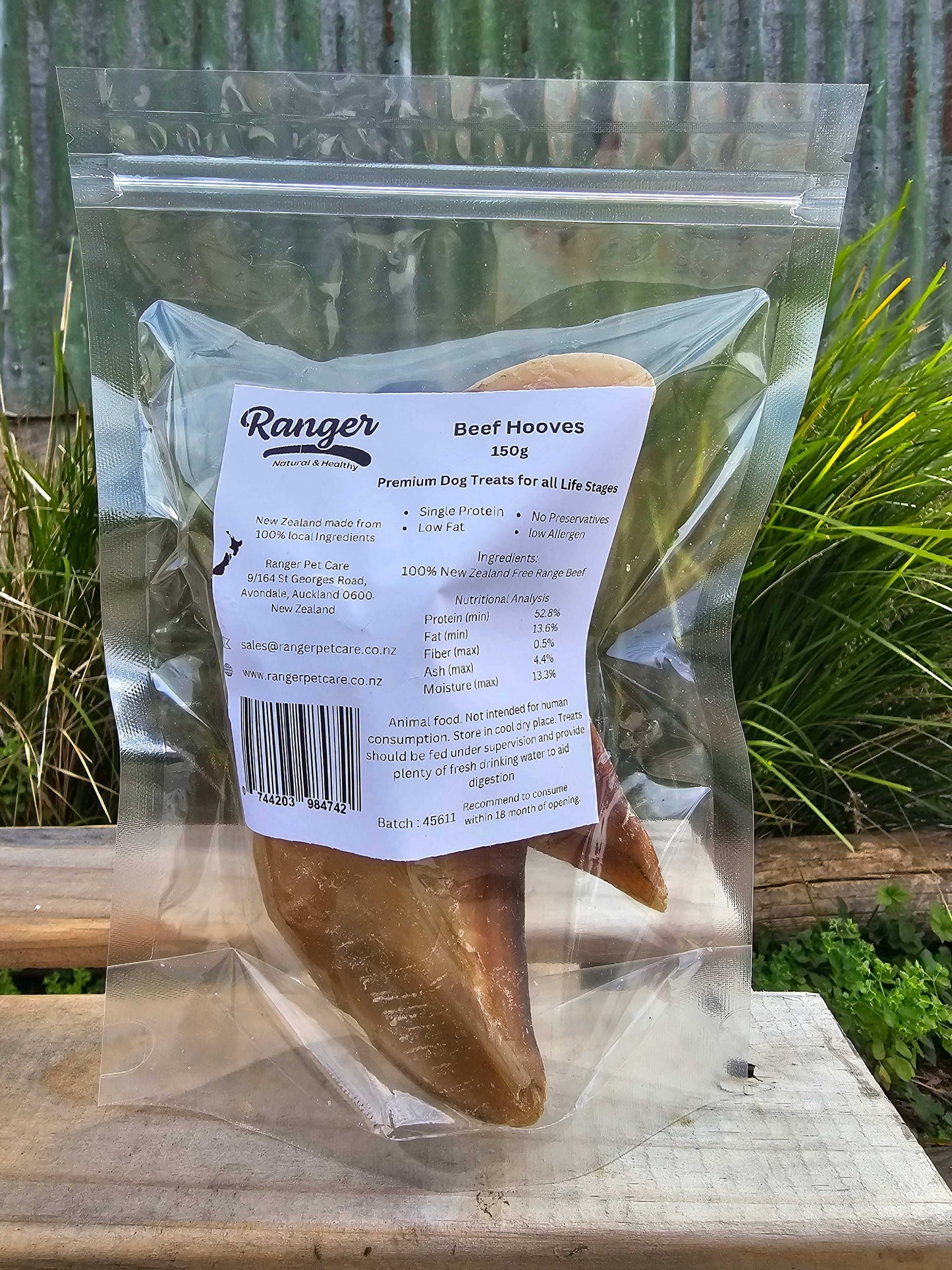 Ranger Beef Hooves in a clear bag, durable gluten-free dog treat for medium to large dogs, made from 100% NZ beef.