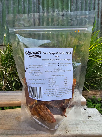 Ranger Free Range Chicken Filets 150g, healthy dog treats, high protein, low fat, gluten-free, for training and weight management.