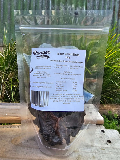 Ranger Beef Liver Bites 150g packaging, premium dog treats, gluten-free, high-protein, low-fat, made in New Zealand.