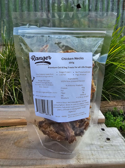 Ranger Chicken Necks 150g bag, a natural treat for cats and dogs, high in protein, no preservatives, 100% New Zealand chicken.