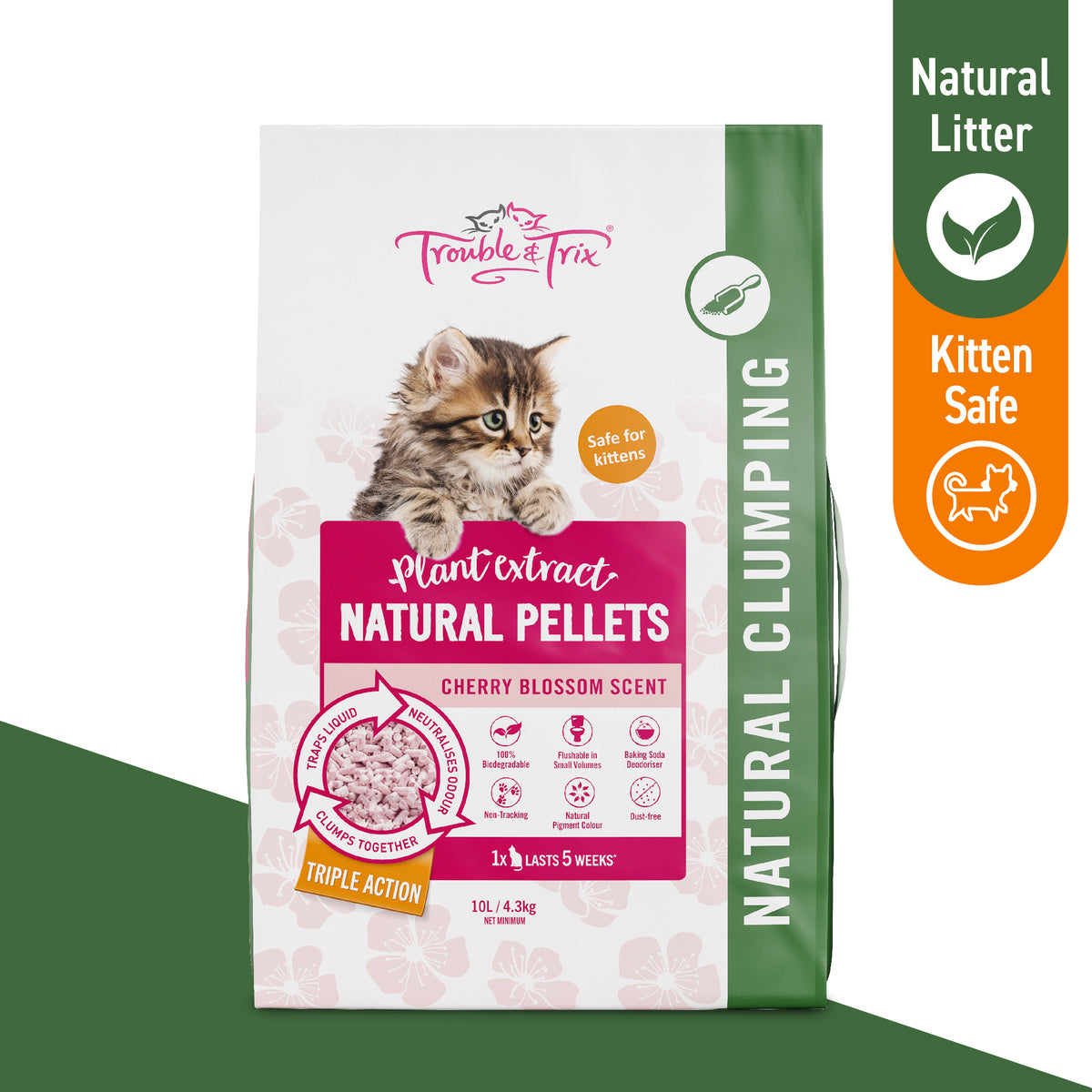 Trouble & Trix Cherry Blossom natural pellets cat litter packaging, pictured in 10L size