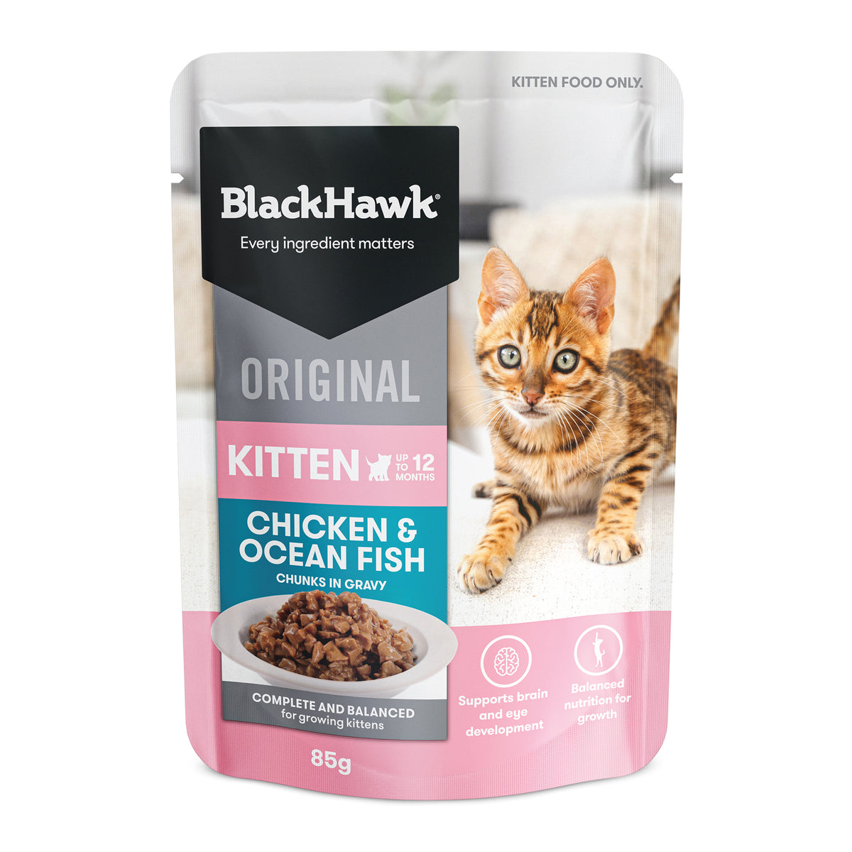 Black Hawk Original Kitten Food Chicken Ocean Fish in Gravy 85g