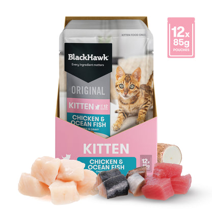 Black Hawk Original Kitten Food Chicken Ocean Fish in Gravy 85g