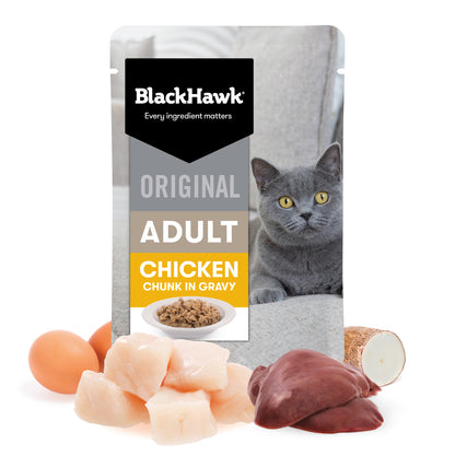 Black Hawk Adult Chicken in Gravy pouch with chicken, chicken liver and egg