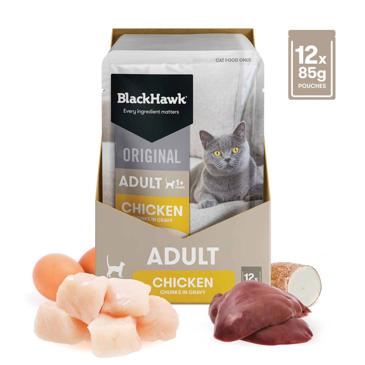 Mix feed 1 pouch with Black Hawk Original Adult Chicken dry food