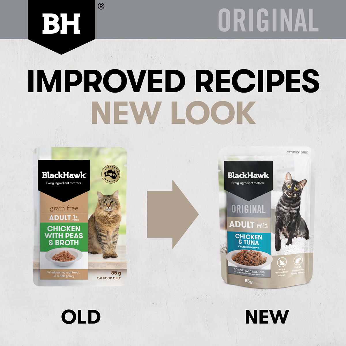 Black Hawk Chicken and Tuna old and new pouch packaging
