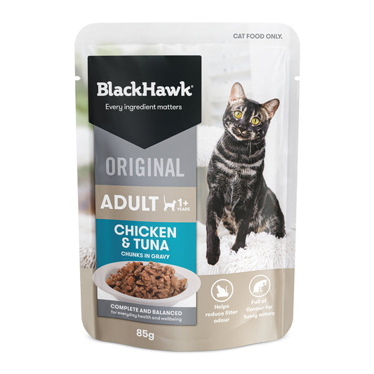 Black Hawk Original Adult Chicken and Tuna in Gravy 85g pouch