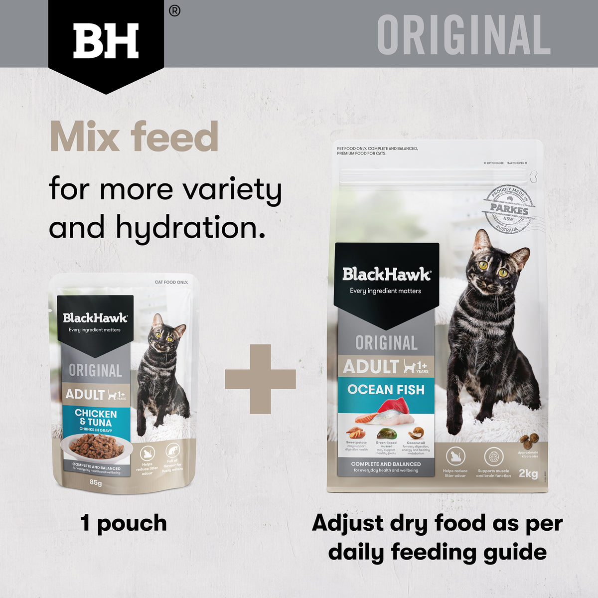 Mix feed one pouch with Black Hawk Original Ocean Fish dry food