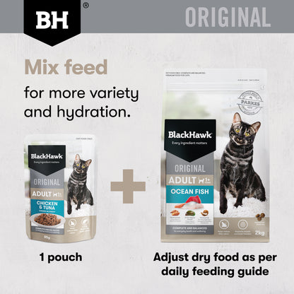 Mix feed one pouch with Black Hawk Original Ocean Fish dry food