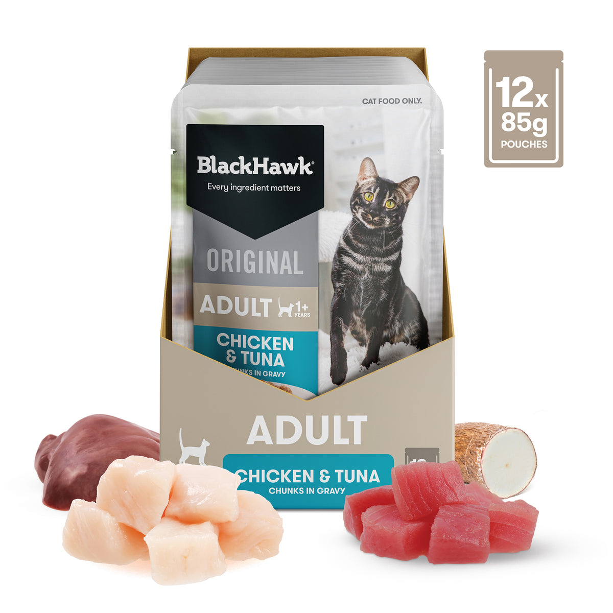Box of 12 Black Hawk Chicken and Tuna 85g pouches