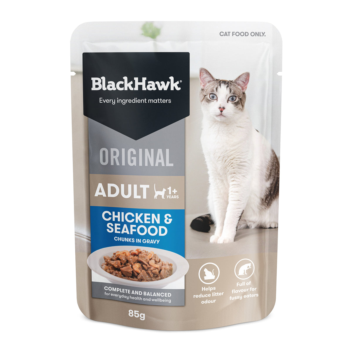 Black Hawk Original Adult Cat Chicken & Seafood chunks in gravy 85g pouch