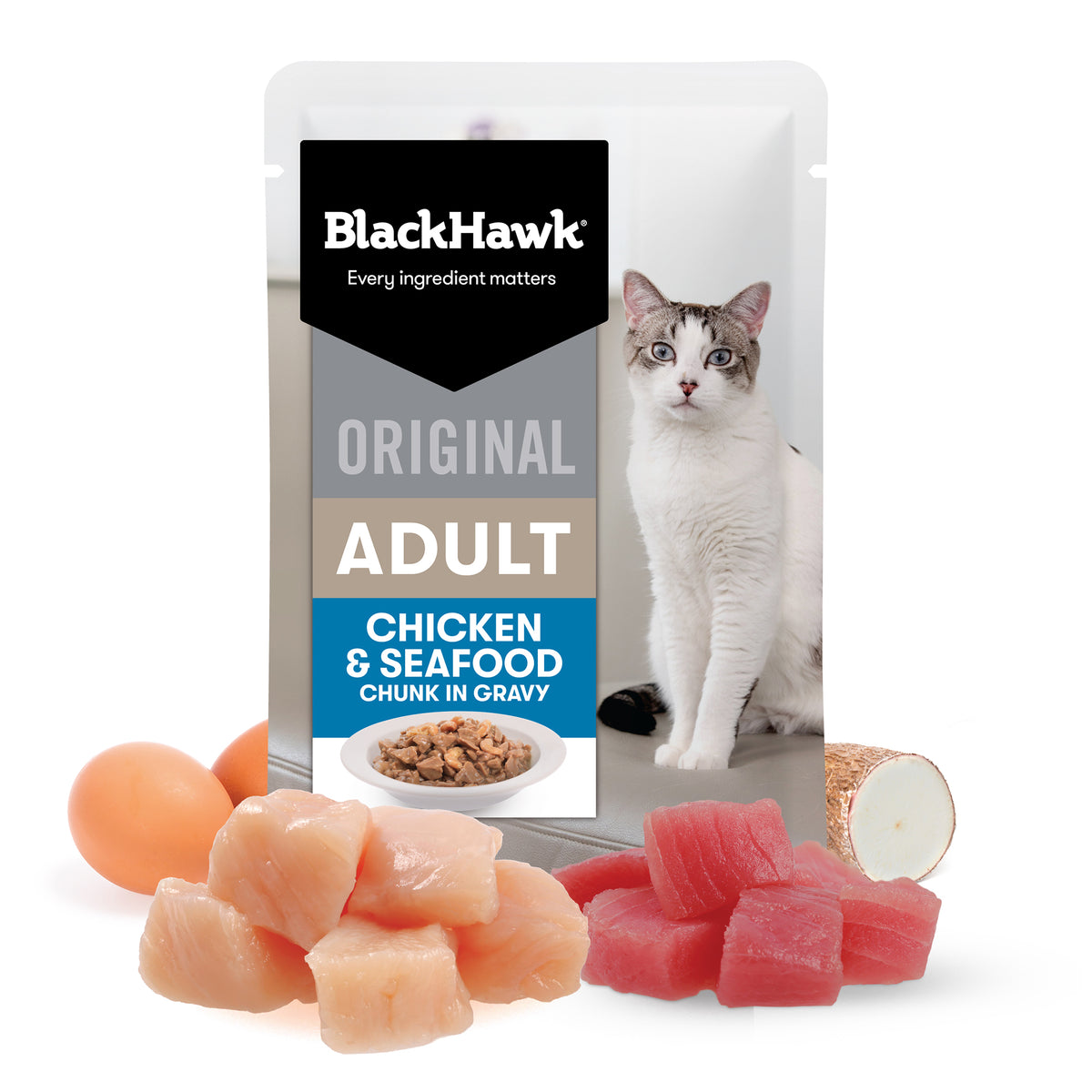 Black Hawk Chicken & Seafood pouch with real chicken, tuna, egg and yucca