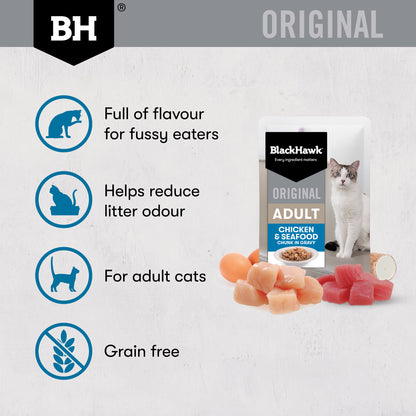 Black Hawk Chicken & Seafood benefits: full of flavour for fussy eaters, helps reduce litter odour, for adult cats, grain free