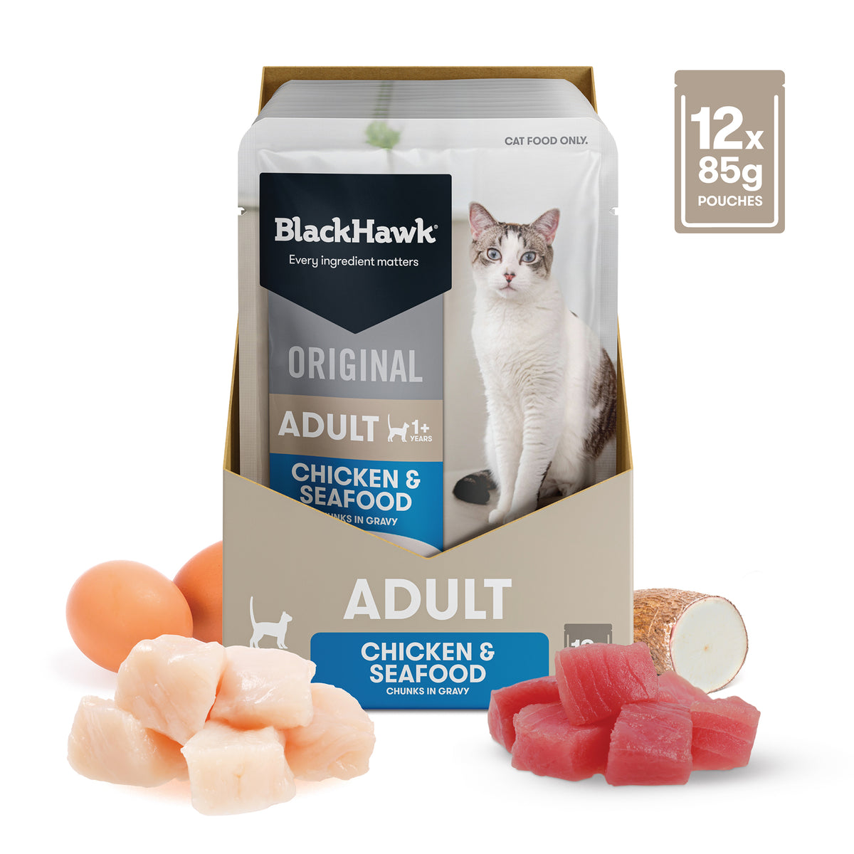 Box of 12 Black Hawk Chicken & Seafood 85g pouches with real chicken, tuna, egg and yucca