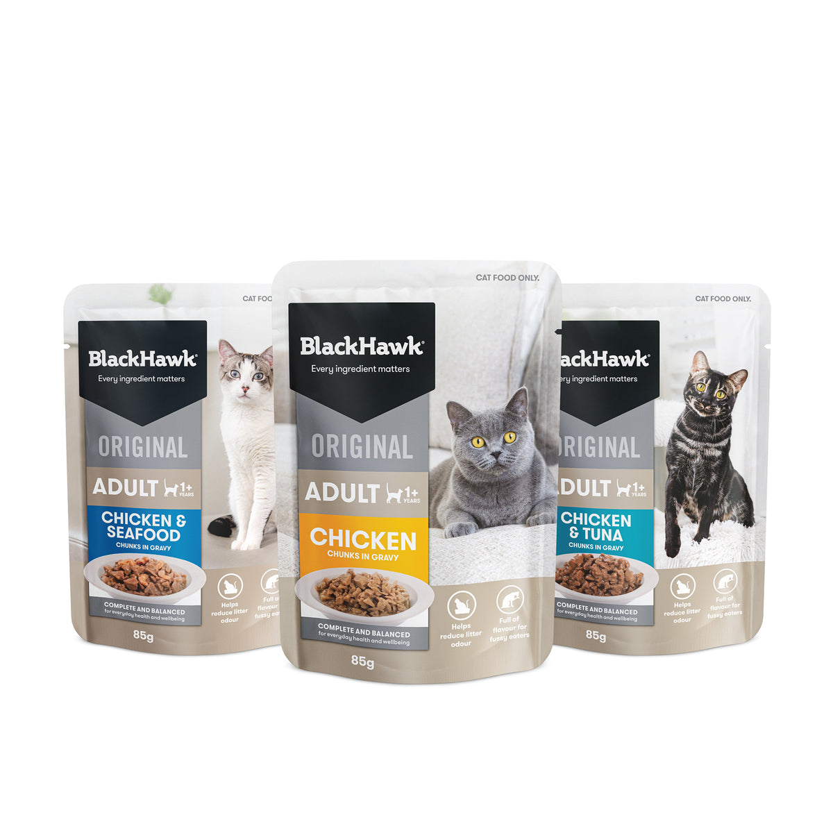 Black Hawk Original adult cat pouches in Chicken & Seafood, Chicken and Chicken & Tuna flavours