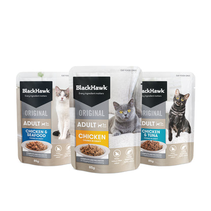 Black Hawk Original adult cat pouches in Chicken & Seafood, Chicken and Chicken & Tuna flavours