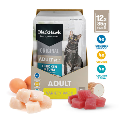 Black Hawk Original Adult Cat Variety Pack, 12 x 85g pouches: four each of Chicken, Chicken & Tuna and Chicken & Seafood