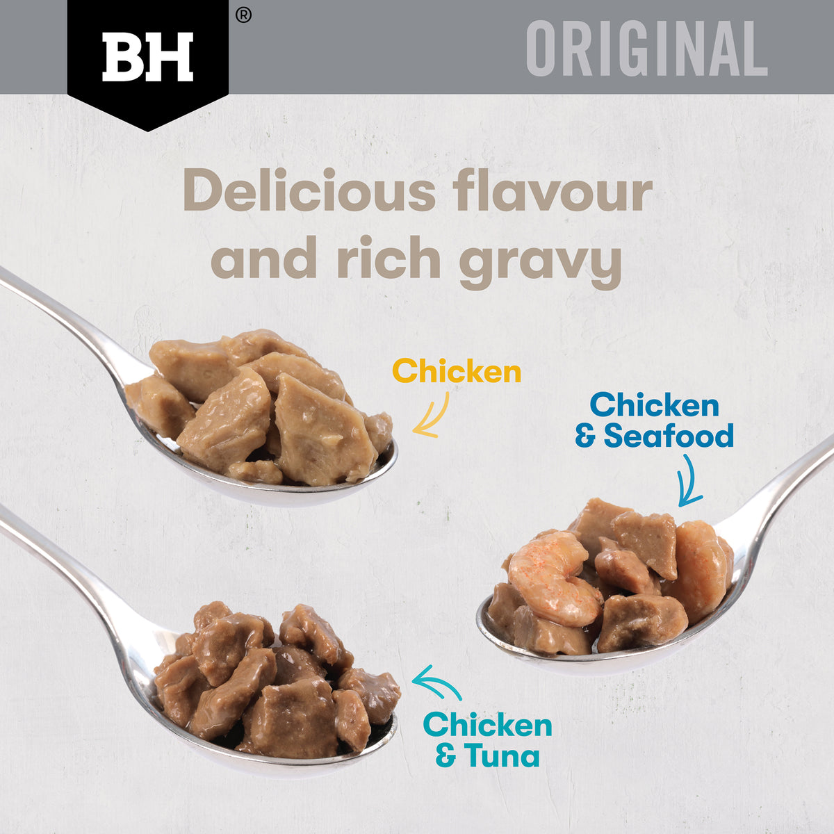 Three spoons of Black Hawk Chicken, Chicken & Tuna and Chicken & Seafood chunks in rich gravy