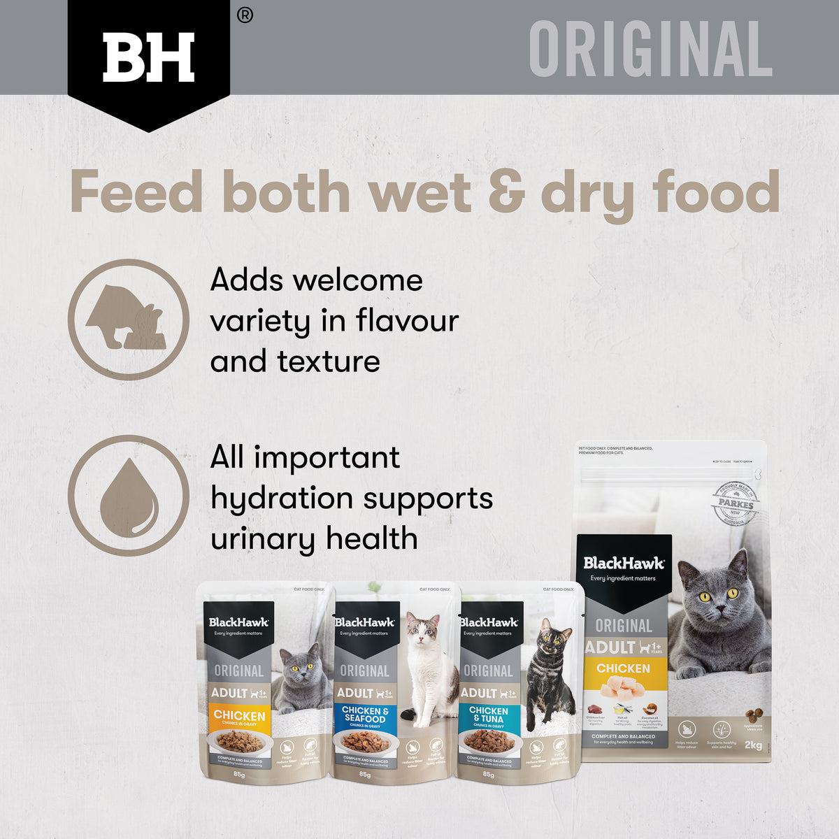 Black Hawk wet and dry cat food for variety, texture and hydration