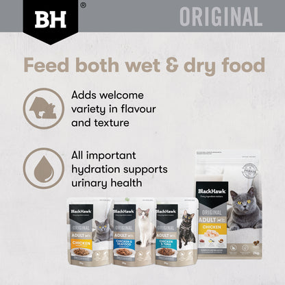 Black Hawk wet and dry cat food for variety, texture and hydration
