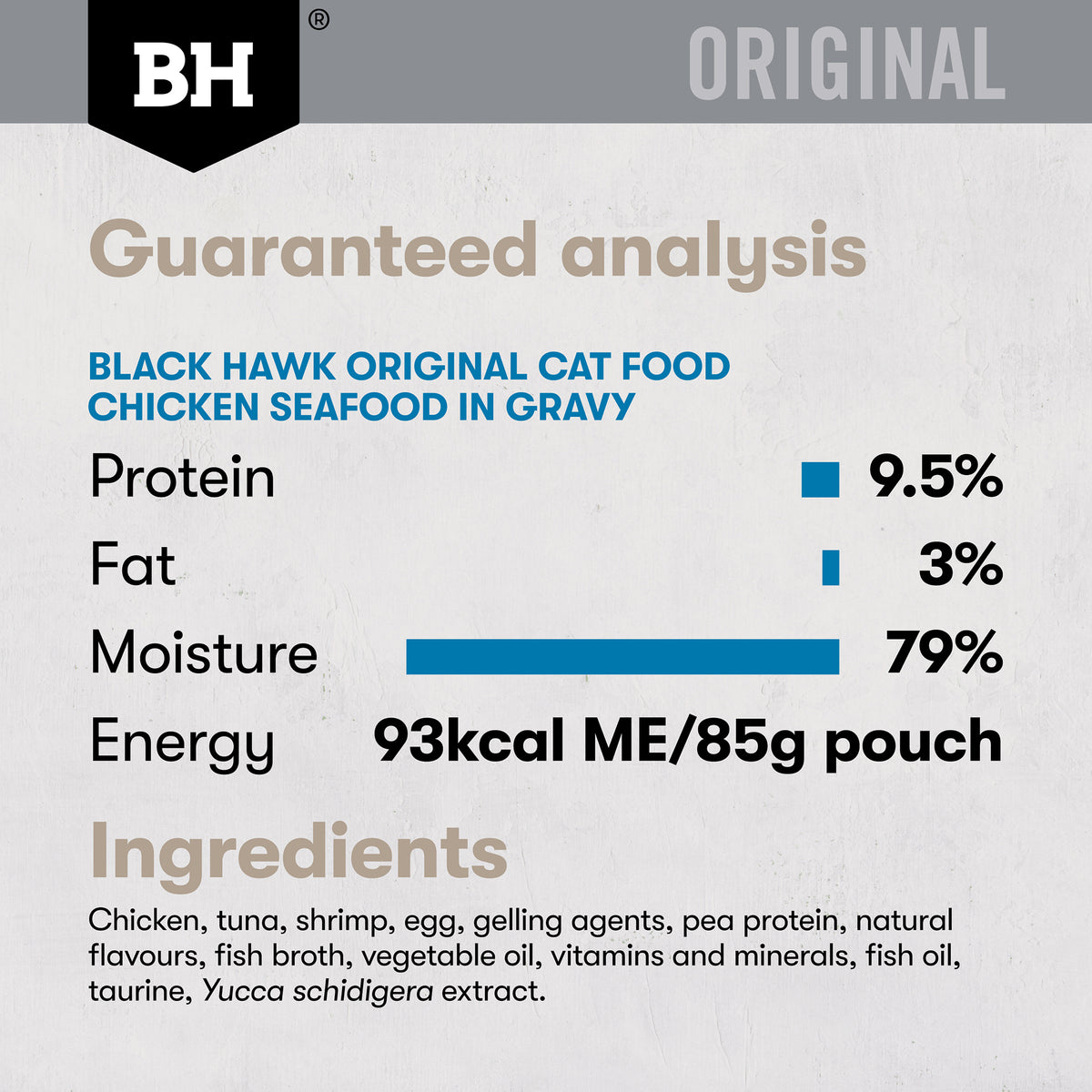 Chicken Seafood in Gravy nutrition and ingredients: protein 9.5%, fat 3%, moisture 79%, 93 kcal per 85g pouch