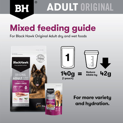 Black Hawk Adult mixed feeding guide: reduce dry food by 42g for each 140g wet food pouch