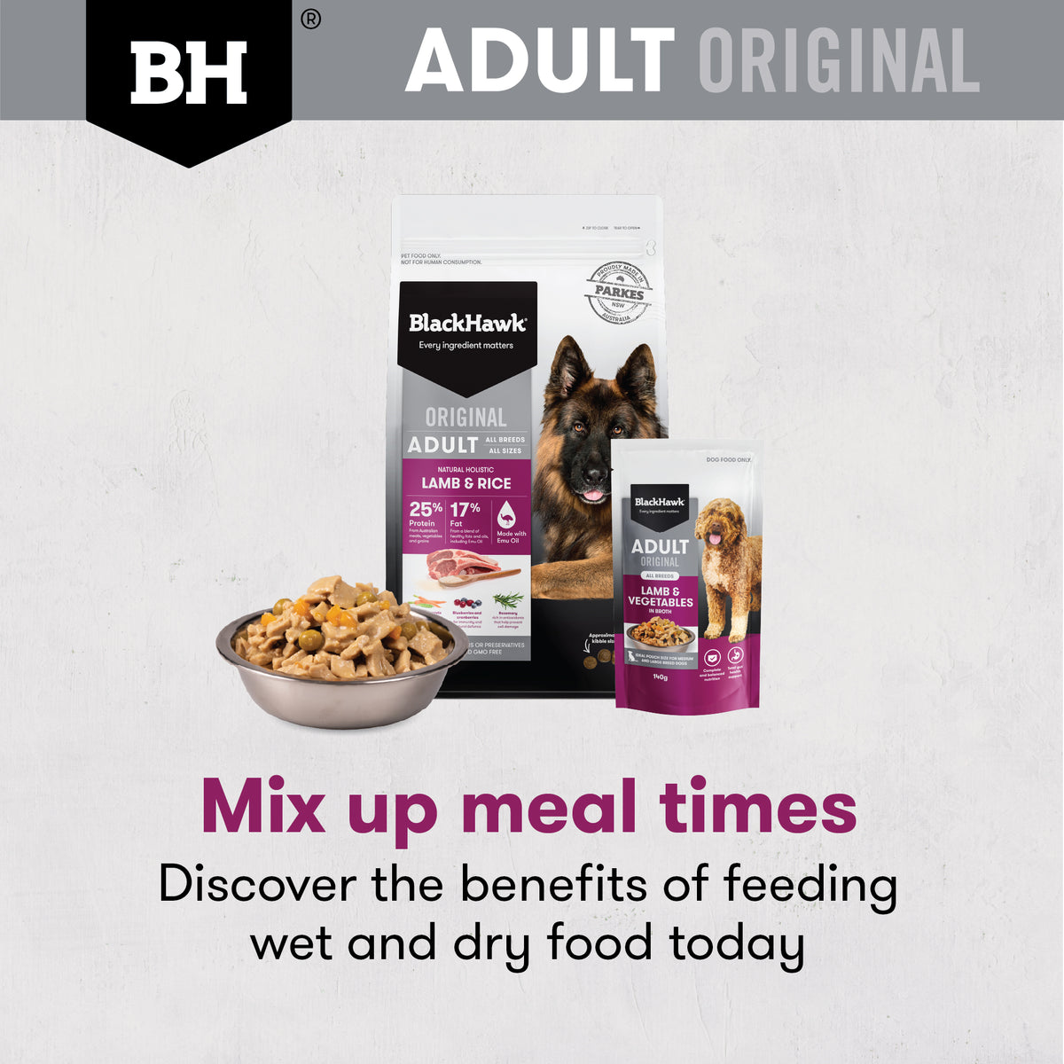 Black Hawk Adult Lamb & Rice dry food with Lamb & Vegetables wet food, mix up mealtimes