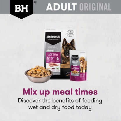 Black Hawk Adult Lamb & Rice dry food with Lamb & Vegetables wet food, mix up mealtimes