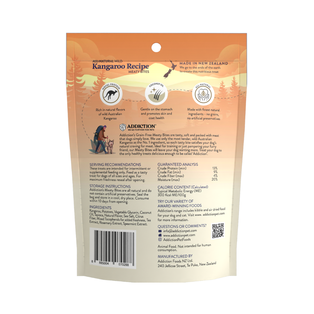 Addiction Wild Kangaroo Meaty Bites, Sensitive Care, Novel Protein Dog Treats, 113g