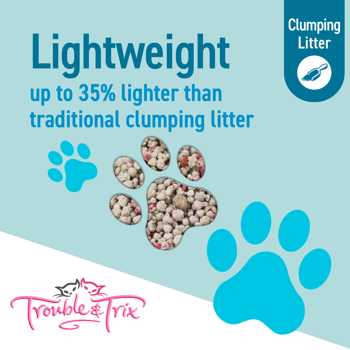 Lightweight, up to 35% lighter than traditional clumping litter