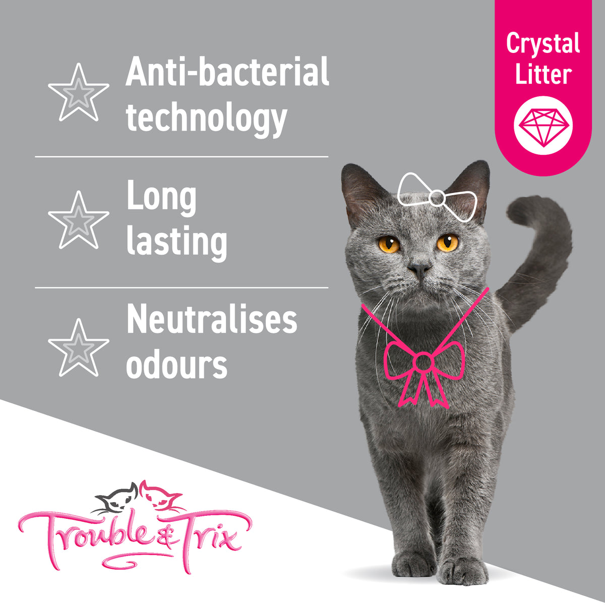 Crystal litter: anti-bacterial technology, long lasting, neutralises odours