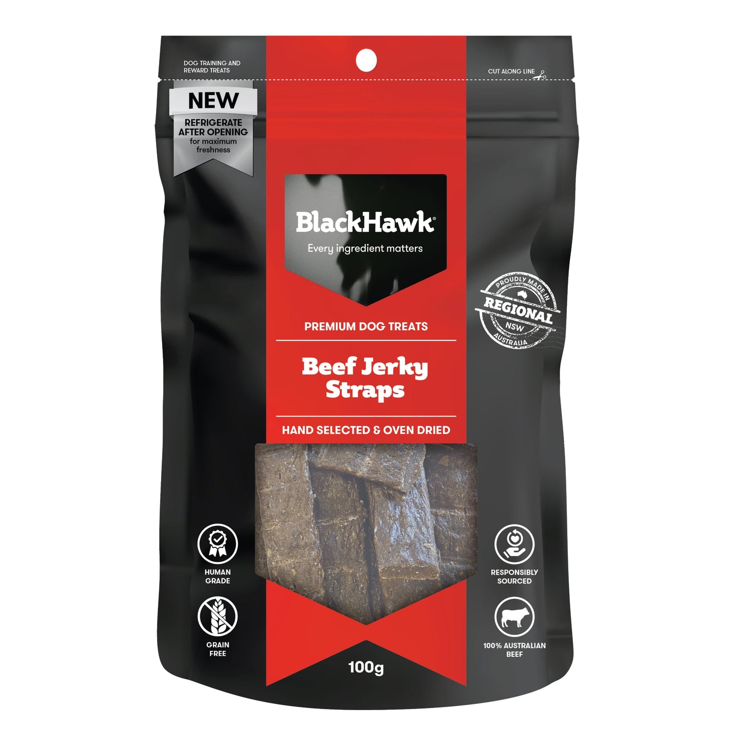 Black Hawk Beef Jerky Straps 100g - Doubtless Bay Pet Resort 