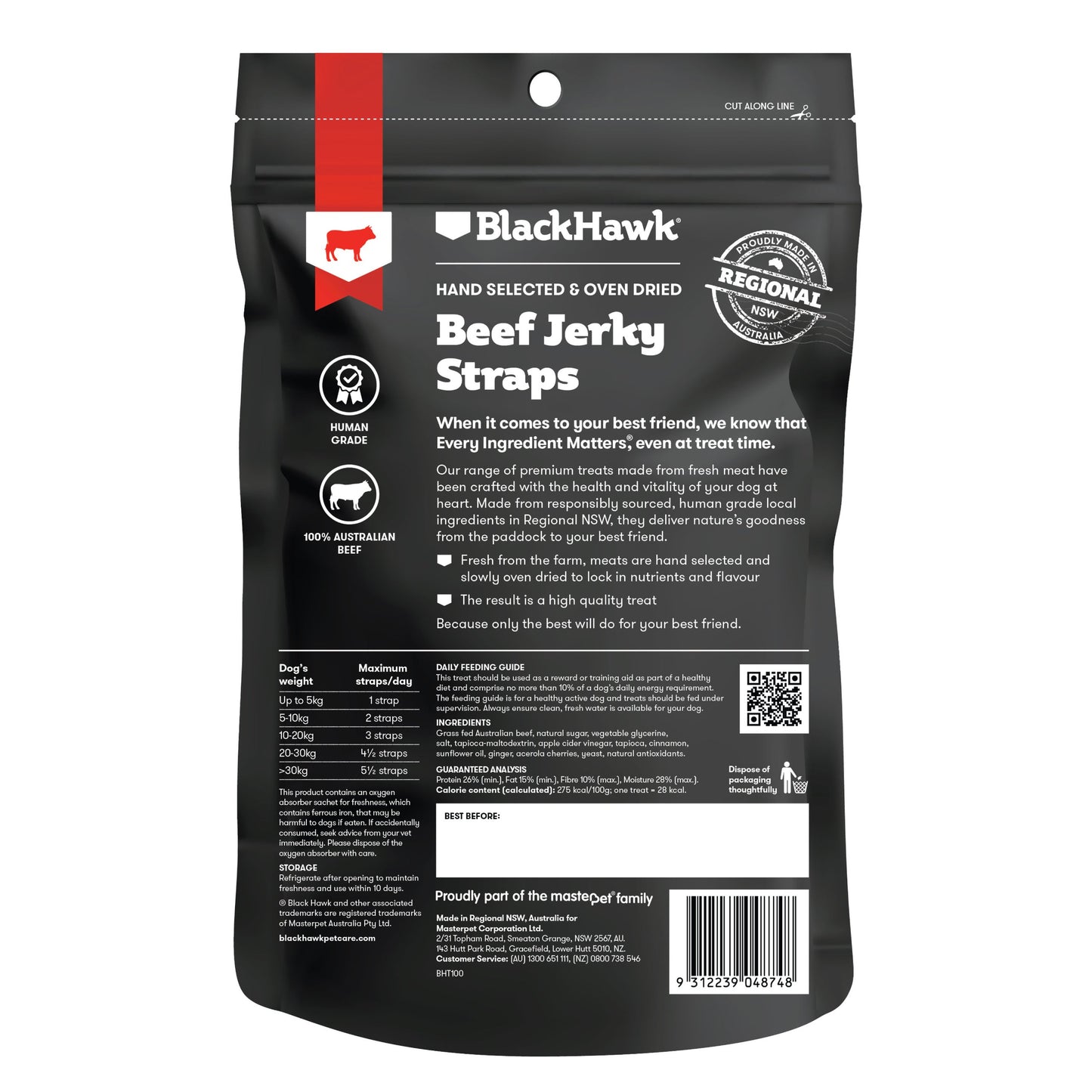 Black Hawk Beef Jerky Straps 100g - Doubtless Bay Pet Resort 