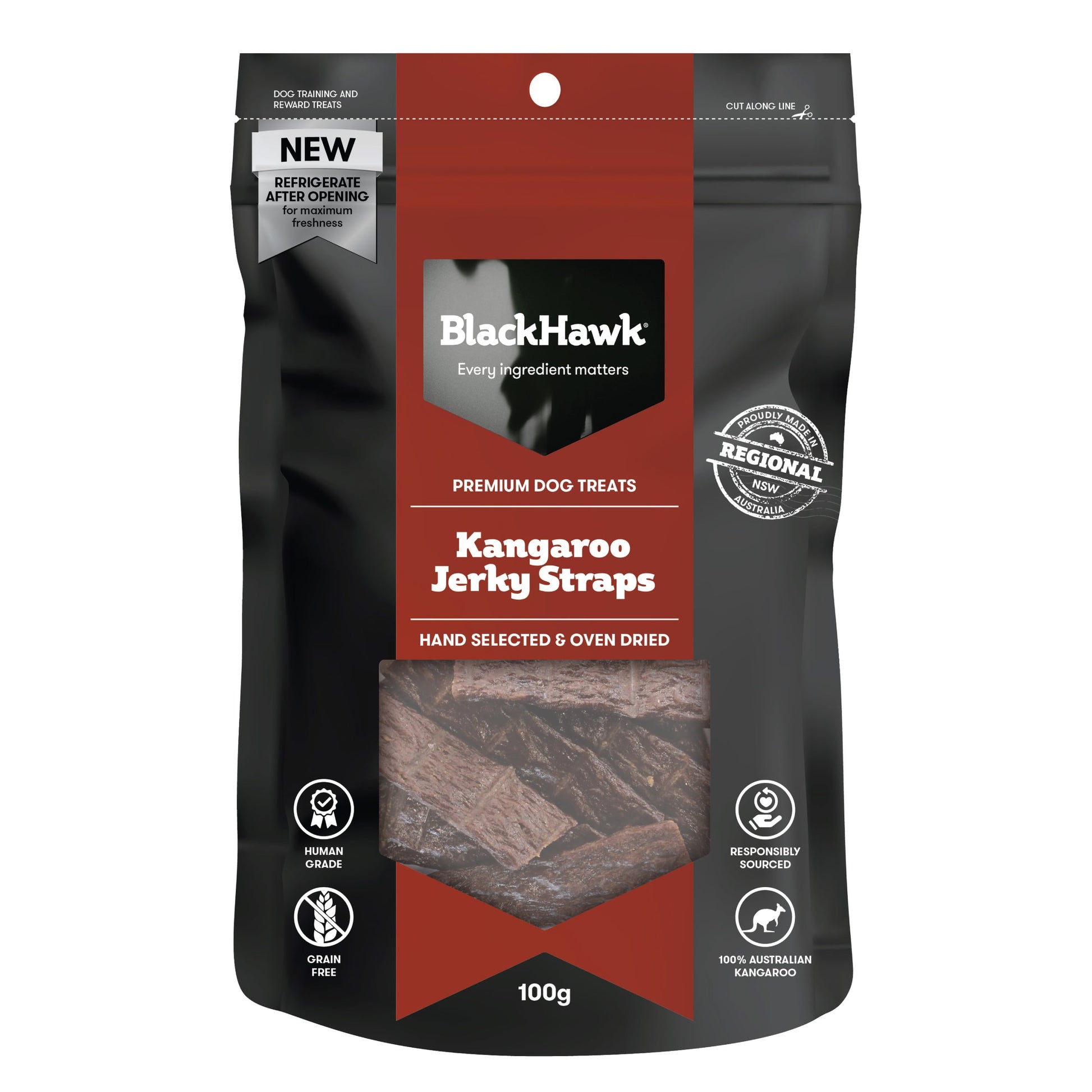 Black Hawk Kangaroo Jerky Straps 100g - Doubtless Bay Pet Resort 