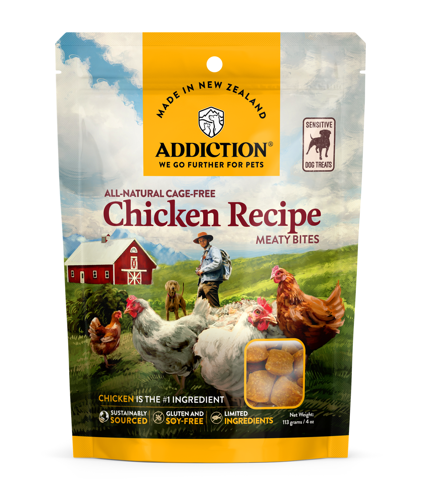 Addiction Chicken Meaty Bites, Limited Ingredients, High Meat Content Dog Treats, 113g - Doubtless Bay Pet Resort 