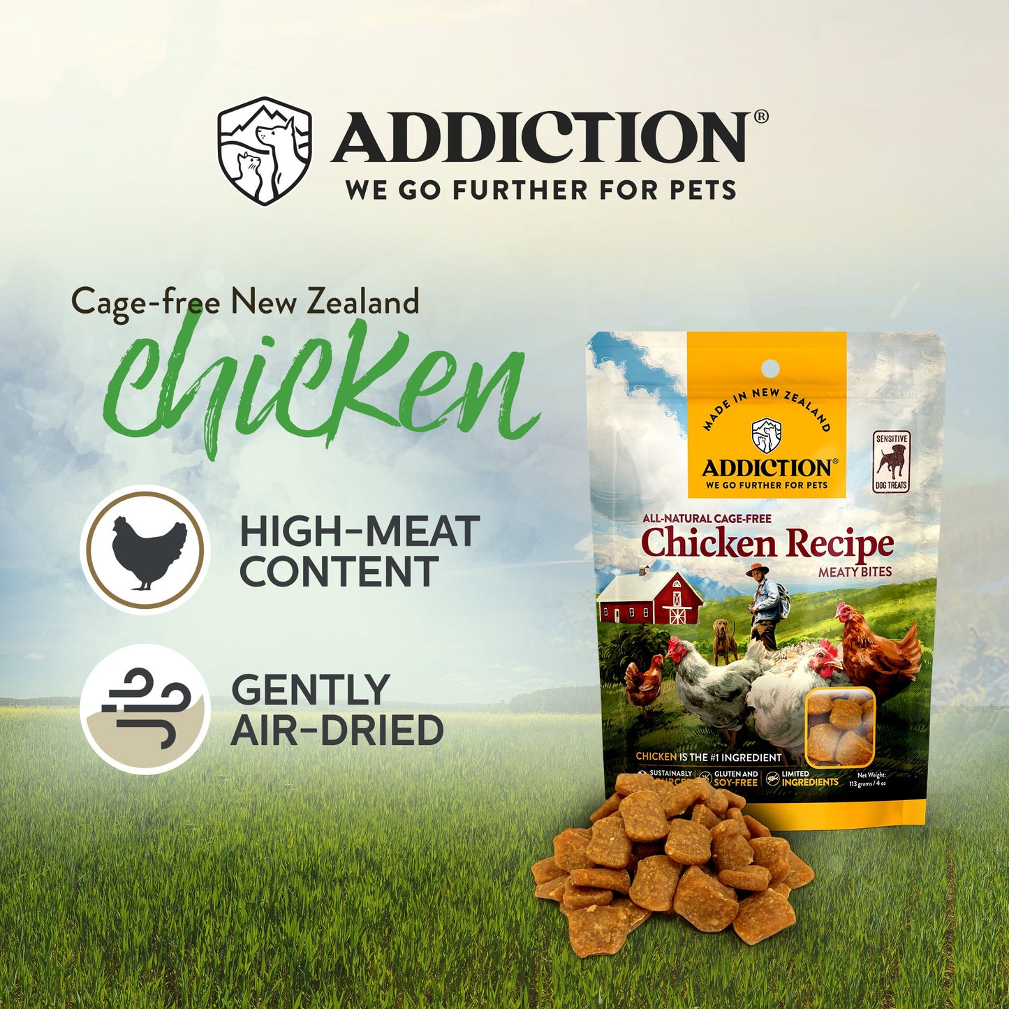 Addiction Chicken Meaty Bites, Limited Ingredients, High Meat Content Dog Treats, 113g - Doubtless Bay Pet Resort 
