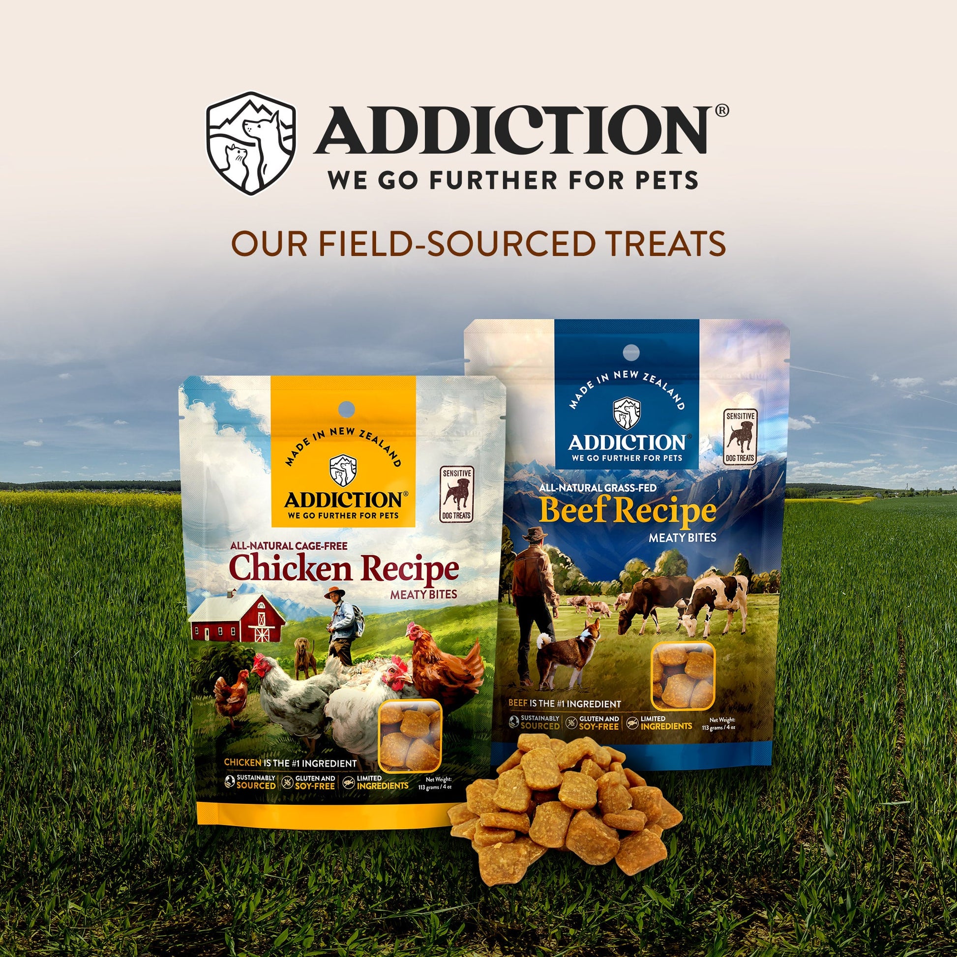 Addiction Chicken Meaty Bites, Limited Ingredients, High Meat Content Dog Treats, 113g - Doubtless Bay Pet Resort 