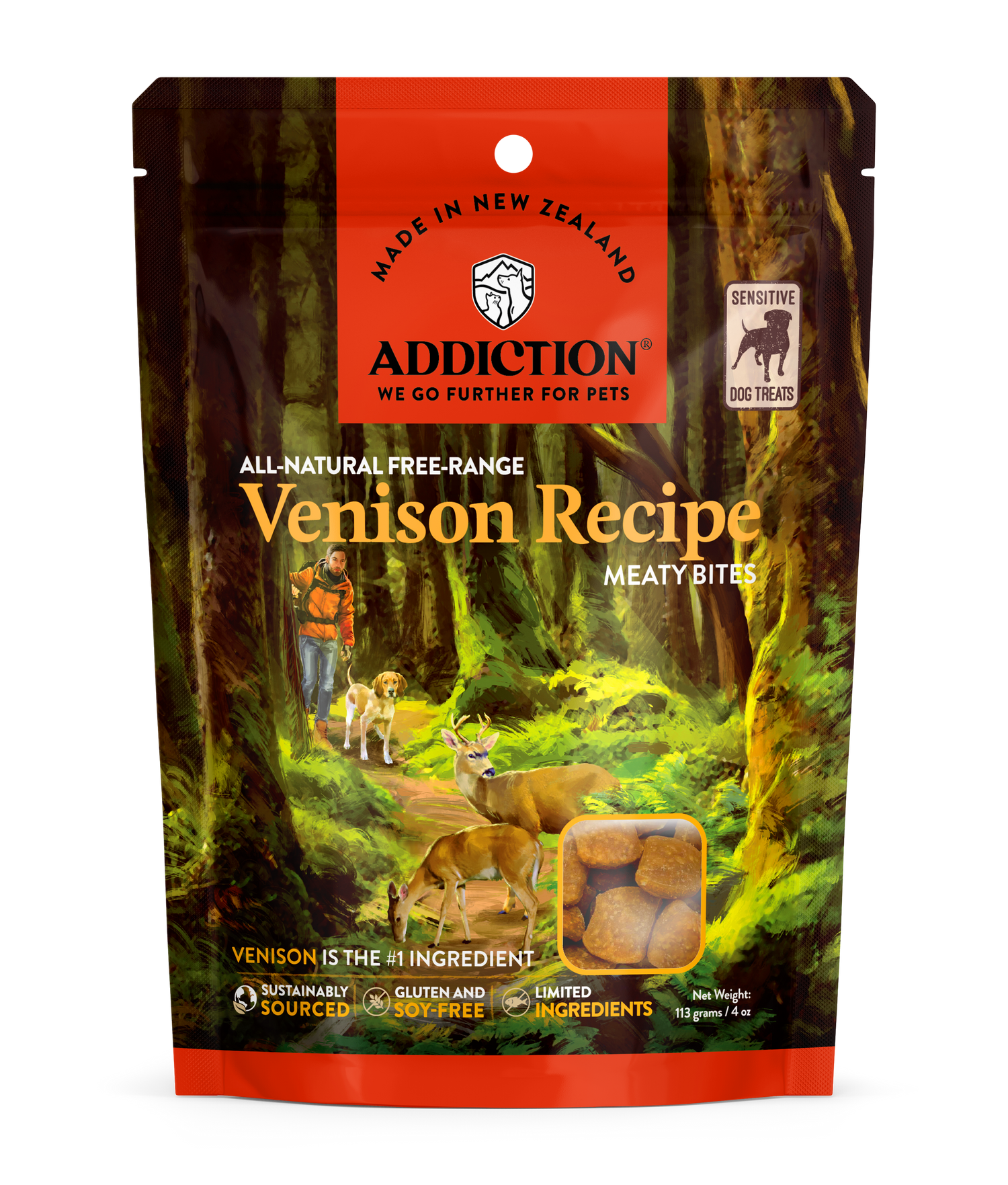 Addiction Venison Meaty Bites, Sensitive Care, Novel Protein Dog Treats, 113g - Doubtless Bay Pet Resort 