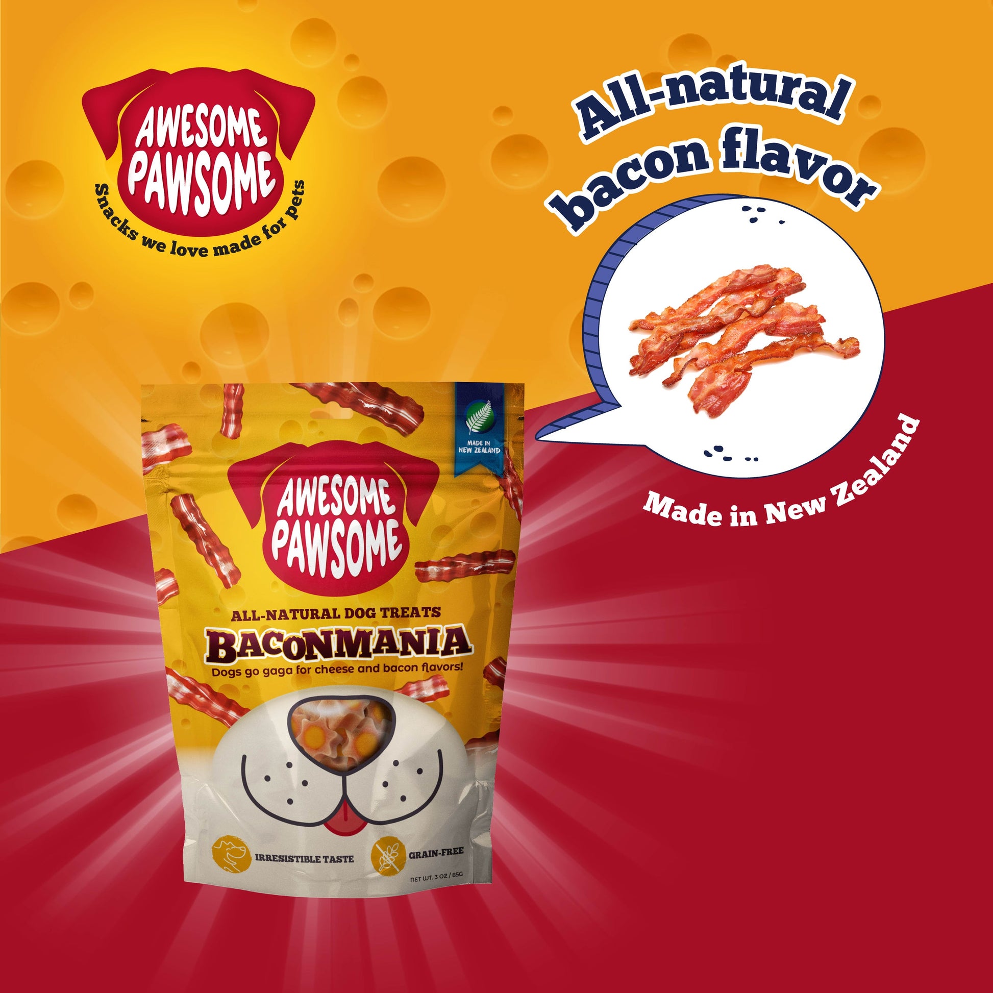 Awesome Pawsome Baconmania Dog Treats, 85g - Doubtless Bay Pet Resort 