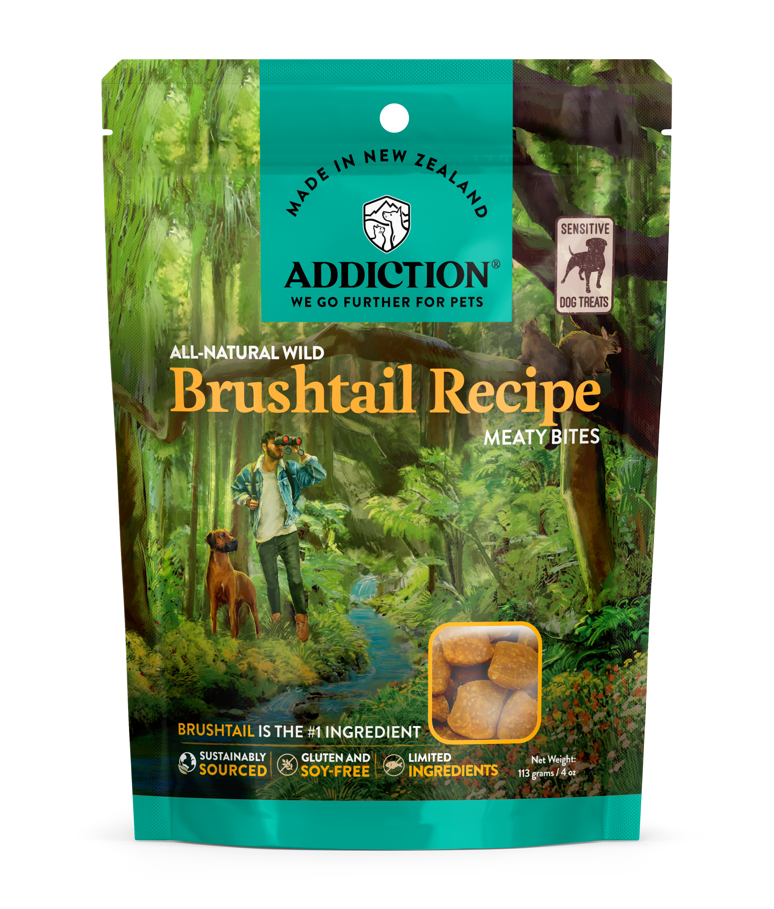 Addiction Wild Brushtail Meaty Bites, Sensitive Care, Novel Protein Dog Treats, 113g - Doubtless Bay Pet Resort 
