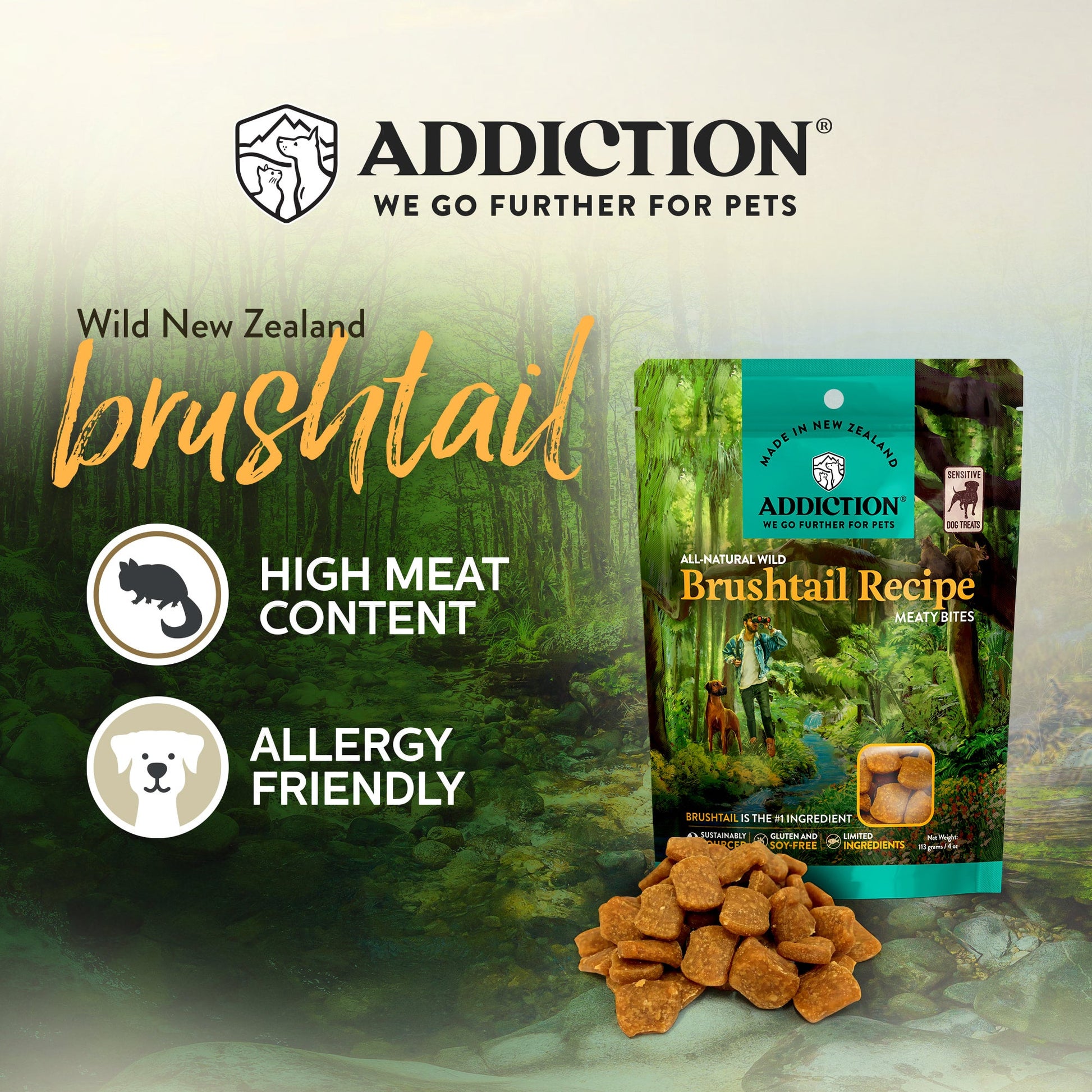Addiction Wild Brushtail Meaty Bites, Sensitive Care, Novel Protein Dog Treats, 113g - Doubtless Bay Pet Resort 