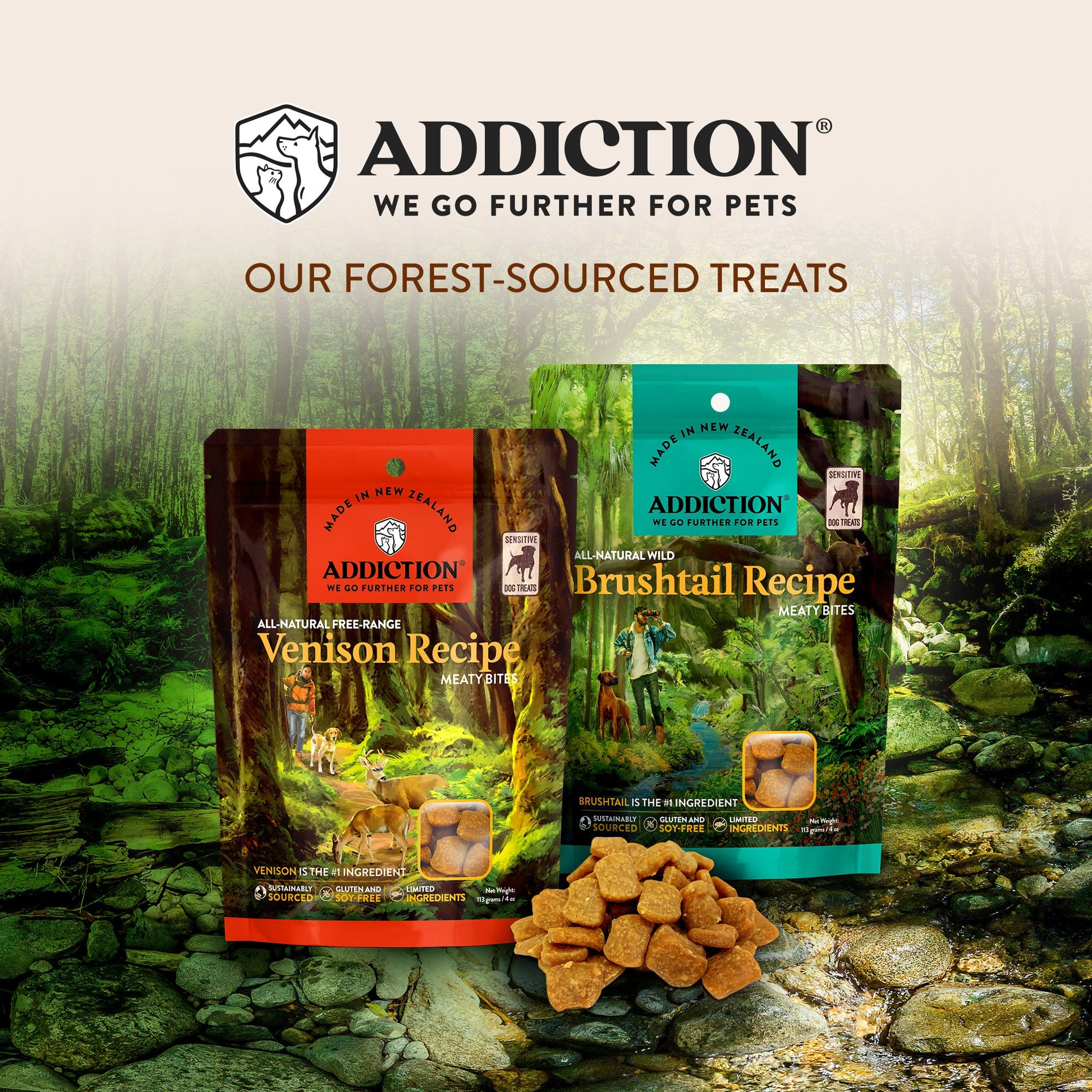 Addiction Wild Brushtail Meaty Bites, Sensitive Care, Novel Protein Dog Treats, 113g - Doubtless Bay Pet Resort 