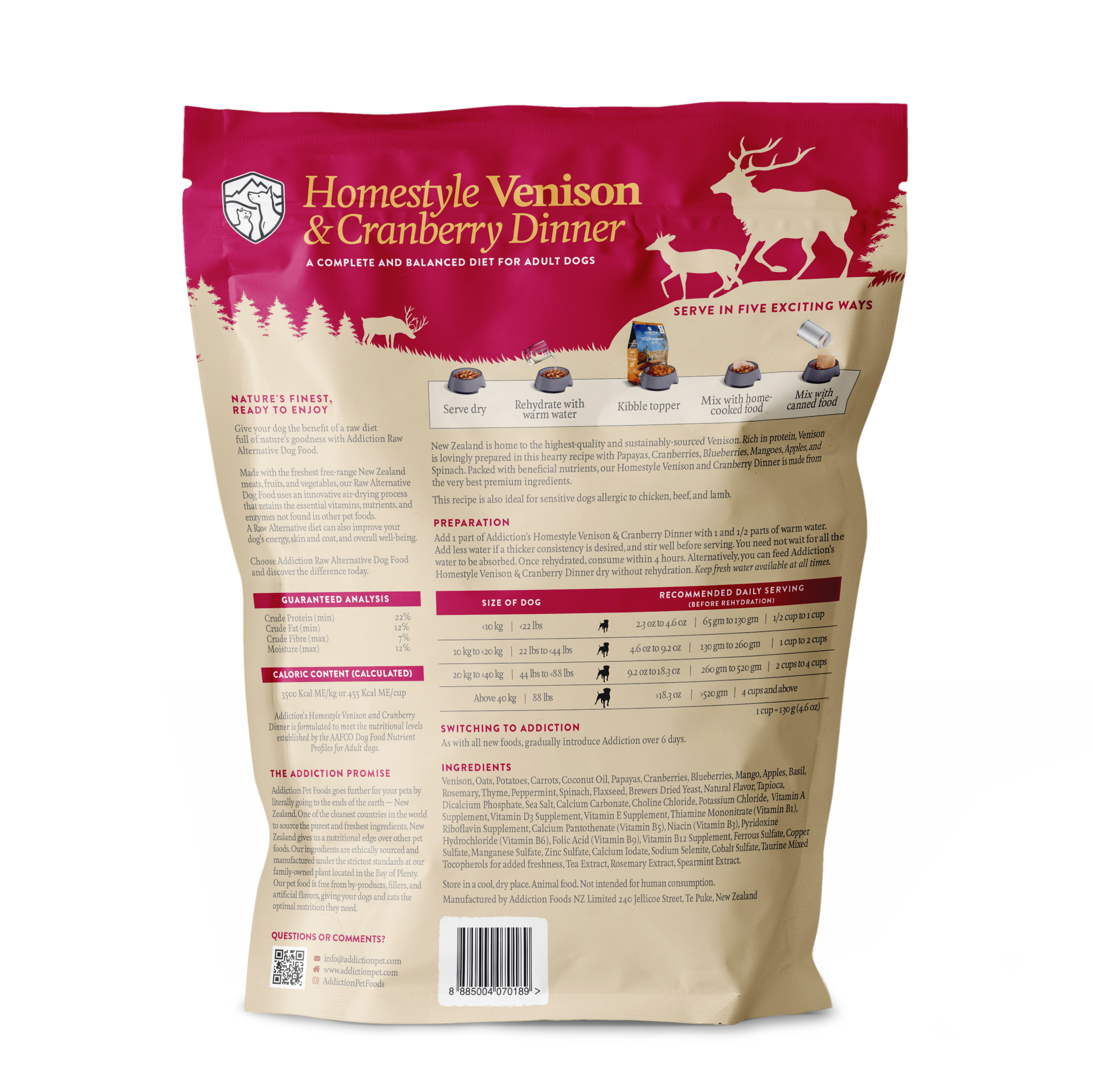 Addiction Homestyle Venison & Cranberry Dinner - Doubtless Bay Pet Resort 